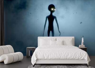 Scary gray alien walks and looks blinking on a dark smoky background. UFO futuristic concept. 3D rendering. Wall mural