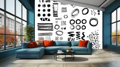 hand-drawn brush raw textured shapes. black ink random hand drawn scribbles set isolated on white ba Wall mural