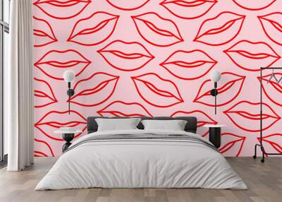 Red line lips kisses seamless pattern on pink background Wall mural