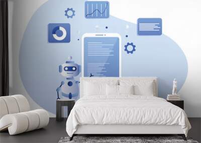 Mobile chatbot. Artificial intelligence chat assistant bot in smartphone app and educational robot. Future telephone conversation bots, human and clever robots dialog vector illustration. Wall mural