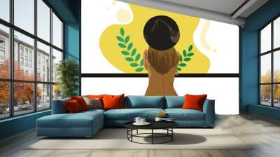 Young woman with hat sitting on a chair yellow background flat vector image Wall mural