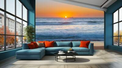 Sun, sand, ship sunrise seascape Wall mural