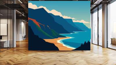 Hawaii Kauai mountains nature travel landscape. Na Pali coast, Kauai, Hawaii of Napali coastline in Kauai island, Hawaii, USA. Panorama banner copy space on Vector art illustration Wall mural