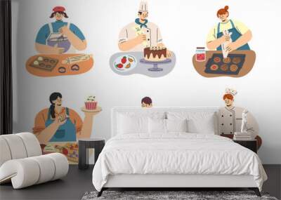 Collection of people cooking sweet dessert. Woman and man cooking bakery at home. Pastry chef making and decorating sweet cake. Flat cartoon style vector illustration isolated on white background. Wall mural