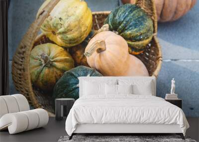 Autumn rustic still life - different colourful pumpkins in a basket, selective focus Wall mural