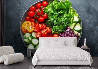 Vegetables and fruits on a plate background. Fresh diet food. Different type of vegetable on a plate. Vegetarian food. Wall mural