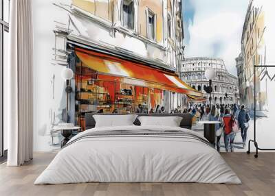 Watercolor illustration of a street cafe in Rome with outdoor seating and famous landmarks Wall mural