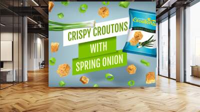 Vector realistic illustration of croutons with spring onion. Wall mural