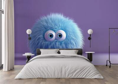 A cute fluffy ball with a pair of blue eyes isolated on a purple background in 3D cartoon style. Wall mural