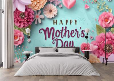 A floral poster for mother's day, flower design on pink and blue background with happy mother day typography text, congratulation mom template, generated by AI. Wall mural