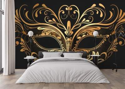 A golden eye mask for masquerade party festival isolated on black background with floral pattern art.	
 Wall mural