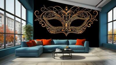 A golden eye mask for masquerade party festival isolated on black background with floral pattern art.	
 Wall mural