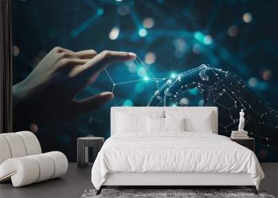 A human hand touching a AI hand, futuristic robot is upgrading, technology in web 3 and internet connection for crypto and science, machine learning for cyborg, AI generated Wall mural