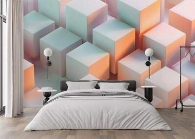 A picture of many white cubes under orange and pink and blue lights, 3D rendered and minimal isometric, AI Gene.rated Wall mural