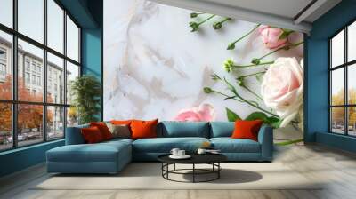 A top view photo of a bunch of colorful flowers on the stone table in grey marble material. Wall mural