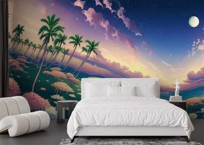 Sunrise morning inside fantasy forest paintinr illustration. Beautiful dayligth scenery, two sun beds Wall mural