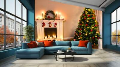 Wonderful new year details, beautiful furry tree with presents under it and a white fireplace full of candles. Xmas Home Interior Decoration, Hanging Sock and Present Toys. Wall mural