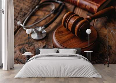 A judge's gavel and stethoscope with a wooden table in the background. Law and medicine concept. Wall mural