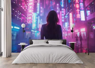 Back view of a cyberpunk girl standing against the background of a night city in the future. Wall mural