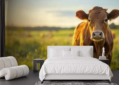 Close-up of a brown cow standing in a grazing field with clear skies and warm sunlight looking towards the camera. Farm and industry producing fresh milk and draft meat. Wall mural