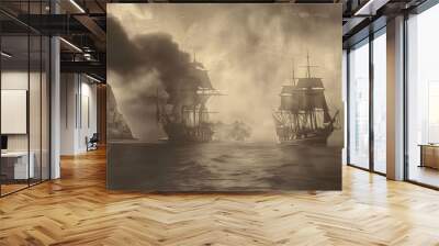 ancient photograph of two old pirate ships from the 1800s sailing the ocean during a battle Wall mural