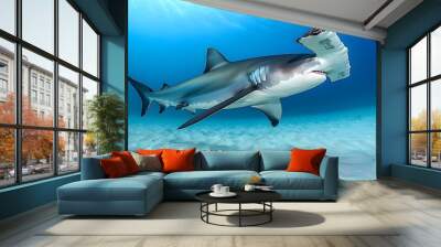 Hammerhead Shark Silhouette Gliding Over Sandy Ocean Floor with Copy Space Wall mural