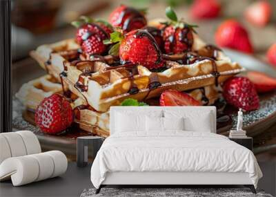 Handmade crispy toasted waffles with maple syrup, sliced strawberries and chocolate served on a plate on the table. Wall mural