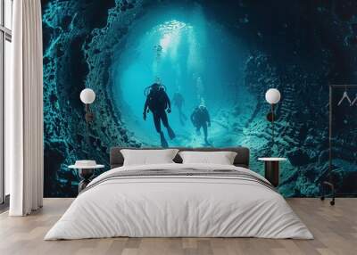 Oceanic underwater divers tunnel through cliffs in the depths of the sea. Generative Ai. Wall mural