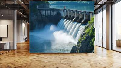 Portrait a large dam with water flowing out. Hydroelectric power plant background. Wall mural