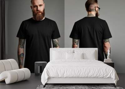 Tattooed Man in Black T-shirt Front and Back View Wall mural