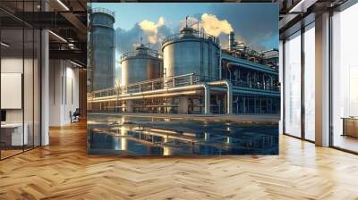 Wide-angle photo of the hydrogen power plant tank industry with a view of steel pipes and large tanks. Wall mural