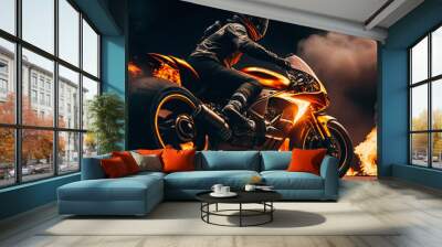 Sport motorcycle with fire background cinematic rider superbike Wall mural