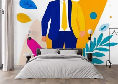 A stylized illustration of a man in a suit walking confidently. Wall mural