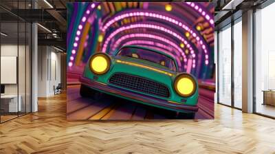 A vibrant retro car drives through a colorful illuminated tunnel. Wall mural