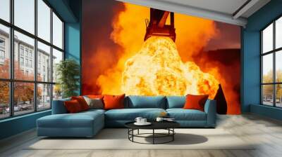 Molten metal being poured from a large container, creating a fiery spectacle. Wall mural