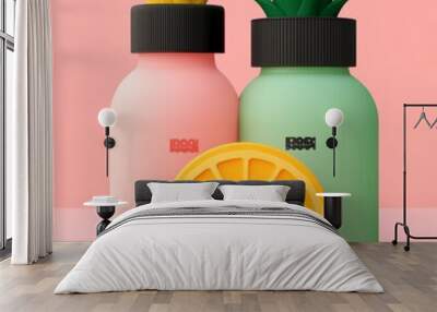 Two colorful bottles resembling fruits with a citrus slice. Wall mural