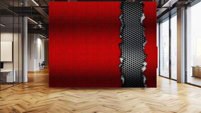 red and white carbon fiber tear on the black metallic mesh. Wall mural