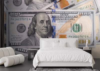 100 US dollars bills lie on the table close-up Wall mural