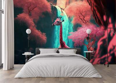 Pink fantasy alien giraffe with mystical waterfall forest Wall mural