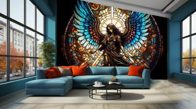 Stained-Glass Angel, AI Generated Image of A Leaded Glass Church Window Depicting an ArchAngel Wall mural