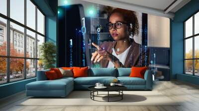 Black woman working in office and digital data concept. Digital transformation. Wall mural