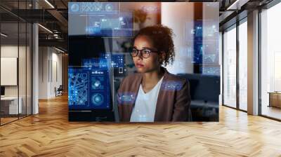 Black woman working in office and digital data concept. System engineering. Wall mural