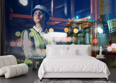 double exposure of woman labor and factory exterior. industrial technology concept. Wall mural