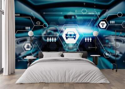 Futuristic car interior and communication network concept. Wide angle visual for banners or advertisements. Wall mural