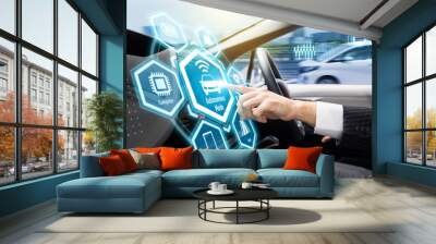 Futuristic interface of autonomous car. Self driving vehicle. Driverless car.  Wall mural