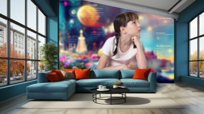 Girl and fantasy concept. Reading. Imagining. Wide image for banners, advertisements. Wall mural