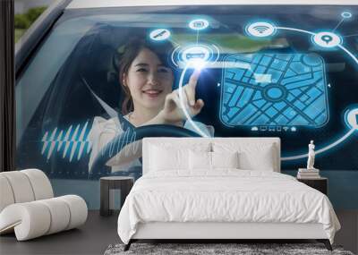 Heads up Display (HUD) of vehicle. Graphical User Interface (GUI). Futuristic car. Automotive technology. right hand drive. Wall mural