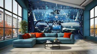 Interior of autonomous car. Car digitalization concept. Wall mural