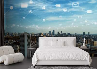 Smart city and communication network concept. 5G. IoT (Internet of Things). Telecommunication. Wall mural