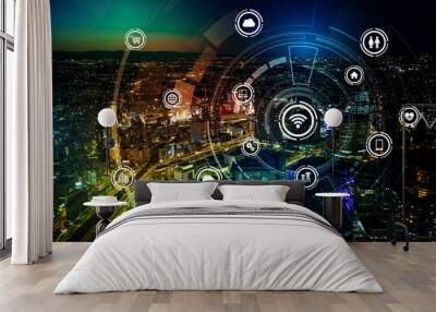 smart city and wireless communication network, IoT(Internet of Things), ICT(Information Communication Technology), digital transformation, abstract image visual Wall mural